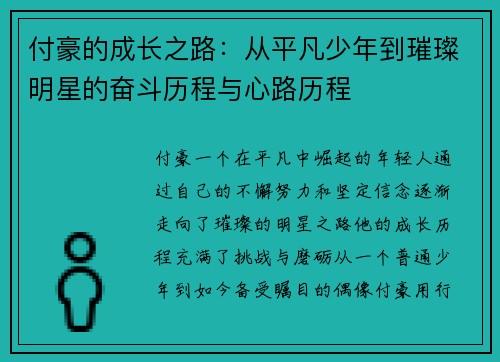 付豪的成长之路：从平凡少年到璀璨明星的奋斗历程与心路历程