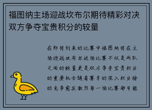 福图纳主场迎战坎布尔期待精彩对决双方争夺宝贵积分的较量