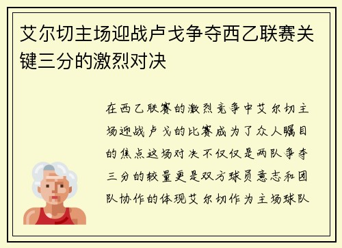 艾尔切主场迎战卢戈争夺西乙联赛关键三分的激烈对决