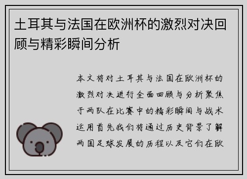 土耳其与法国在欧洲杯的激烈对决回顾与精彩瞬间分析