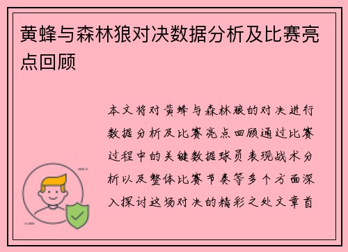 黄蜂与森林狼对决数据分析及比赛亮点回顾