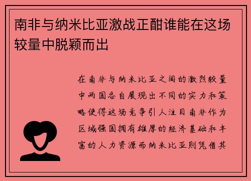 南非与纳米比亚激战正酣谁能在这场较量中脱颖而出