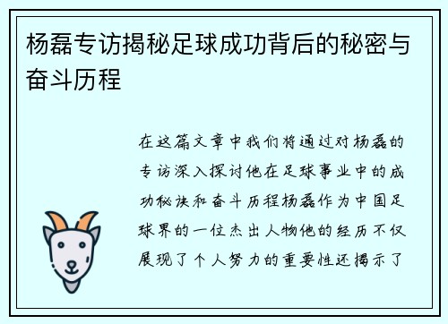 杨磊专访揭秘足球成功背后的秘密与奋斗历程
